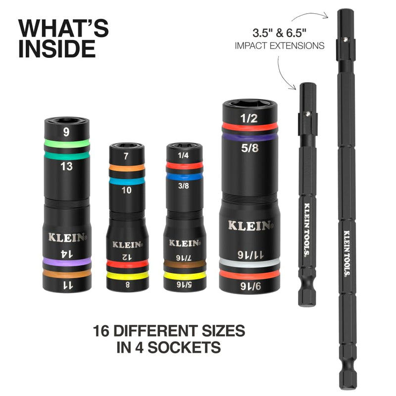 Klein Tools 654QS KNECT Quad Socket, 16 Sizes in 4 Sockets, 4-in-1 Color Coded SAE and Metric Impact Rated, Deep-Well Heavy Duty, 1/4-Inch Drive, 3-1/2 and 6-1/2-Inch Shaft 8 SAE + 8 Metric Sizes