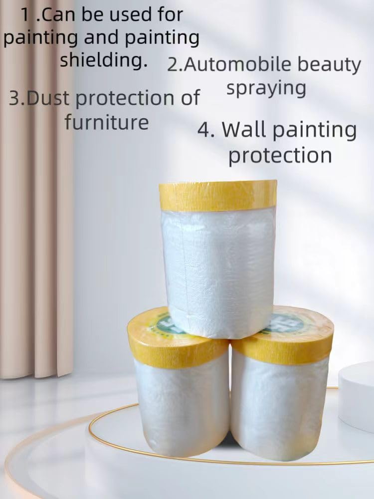 Pre-Glued Masking Film 22" x 65' (550mm x 20m), Plastic Covers for Painting, Taping, and Curtains, Plastic Sheets for Cars, Floors, Appliances, Windows, and Furniture, 3 Rolls