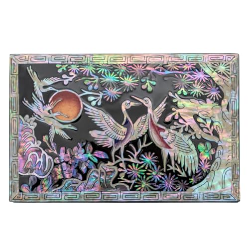 February Mountain Mother of Pearl Trinket Box Organizer for Business Cards, Jewelry or Keys - Small Wooden Box Inlaid - Gifts for Women and Men Ideal for Gifts and Keepsakes (Crane with Pine Tree) Crane with Pine Tree