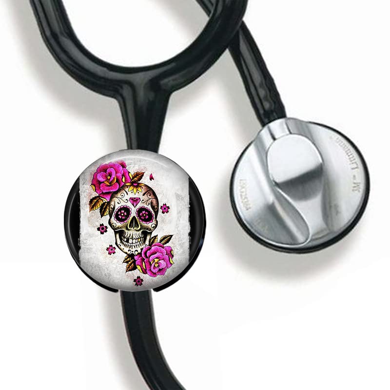 [Australia - AusPower] - CHNLML Stethoscope Name Tag Nurse Doctor Stethoscope ID Tag Customized Steth ID Tag (Sugar Skull and Roses Halloween) Sugar Skull And Roses Halloween 