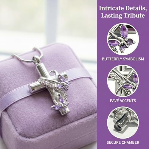 Cross Urn Necklaces for Ashes Butterfly Cremation Pendant Necklace for Women Memorial Ash Holder Jewelry Elegant Cross Ash Pendant for Remembrance