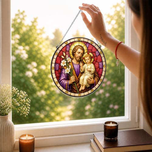 St Joseph Stained Glass Suncatcher, 8" Religious Wavy Acrylic Suncatcher for Windows Hanging, Catholic Gifts Decorations, St. Joseph Patron Gift, Christian Gifts for Men, Dad, Grandpa, Son, Friends