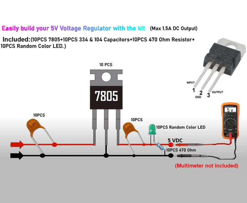 [Australia - AusPower] - IC L7805CV 10 PCS Kit Voltage Regulator Output 5V 1.5A Integrated Circuits L7805 Linear Positive Voltage Regulators TO-220 7805 Kit 
