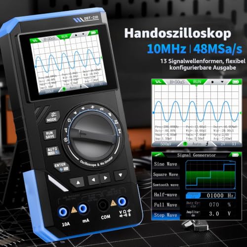 DEWIN DST-210 Handheld Oscilloscope, 3-in-1 Digital Oscilloscope Multimeter Signal Generator 10MHz Bandwidth 19999 Counts 48MSa/s