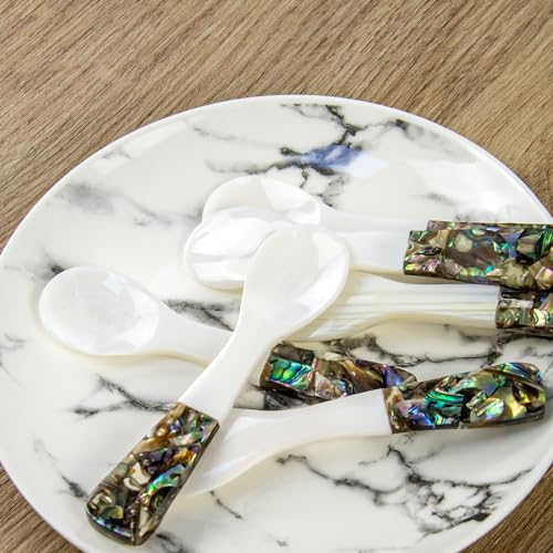 DUEBEL Set of 6 Caviar Spoons of Abalone Handle, 4" Mother of Pearl Spoons for Caviar Serving, Egg Serving, Catering Deroration, Restaurant Tableware