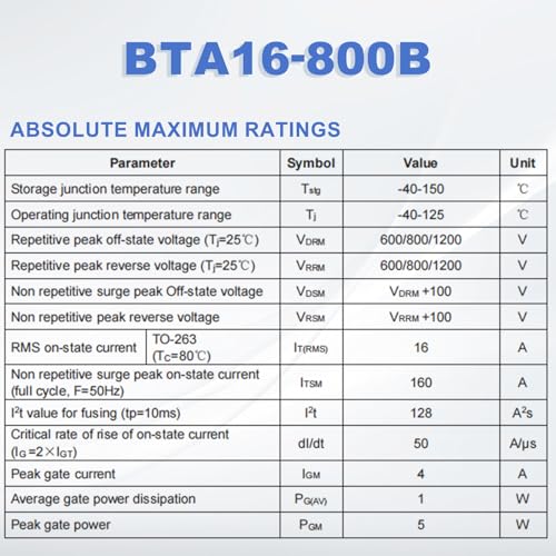 QUARKZMAN Pack of 5 Bidirectional Thyristor BTA16-800B TO-220 800V 16A Rail Silicon Controlled Rectifier for Electronic Instruments Smart Home Devices Drones