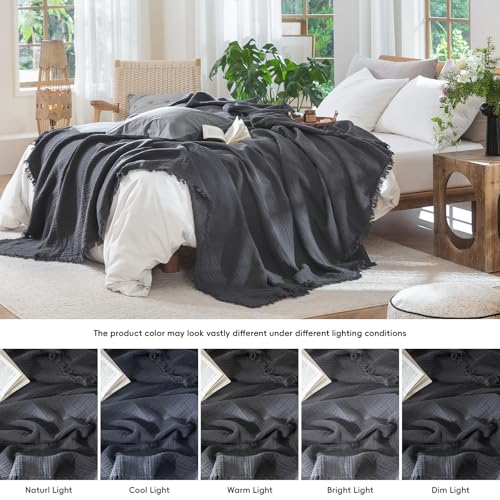 MooMee 100% Cotton Muslin Blanket, Fringed 4-Layer Gauze Bed Couch Throw Dark Grey
