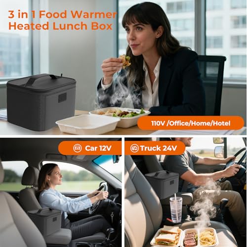 Portable Electric Lunch Box Food Heater,12V/24V/110V 3-in-1 Food Warmer Box, Mini Portable Oven Car Food Warmer, Heated Lunch Bag for Adults Office Travel Work Truck Meal Reheating Black