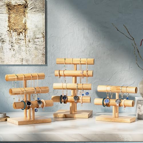 ProCase Bracelet Holder Display Bracelet Organizer, Wooden Bracelet Stand for Selling, T-bar Bangle Storage Rack Wood Watch Display Tower for Business - 3 Tier, Nature