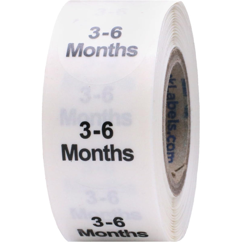 Clear Circle 3-6 Months Clothing Size Stickers - 3/4 Inch Round, 500 Clear Plastic Adhesive Labels Per Roll for Retail Apparel, Baby Clothing Organization, and Inventory - Made in the USA