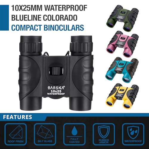 Barska 10x25 Waterproof Binoculars – Compact Blue Binoculars for Bird Watching, Hiking & Sightseeing – BK-7 Roof Prism, Fully Coated Optics, Fogproof, Rubber Armored