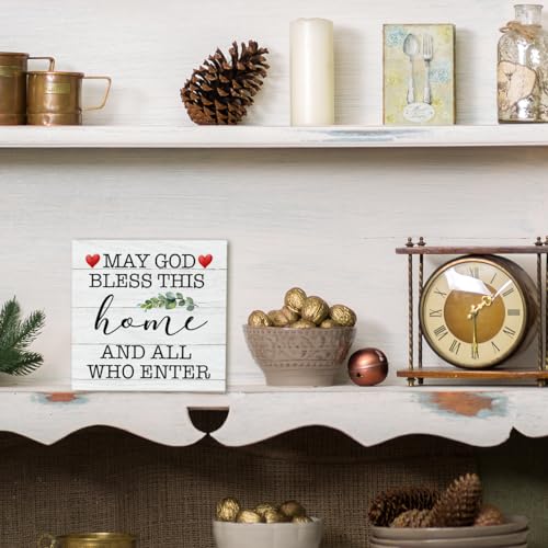 Bless This Home Sign | Bible Verse Decor Wooden Box Sign 5x5 Inch | Blessed Christian Table Accent | Rustic Farmhouse Religious Wooden Decoration-B07 Bless This Home
