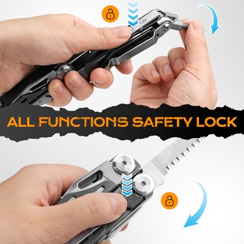 BIBURY 22-in-1 titanium plated multitool pliers with scissors and self-locking mechanism folded open