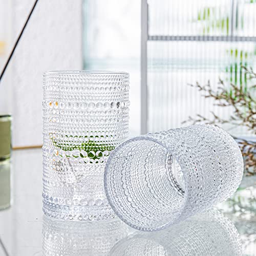 Hobnail Drinking Glasses Set of 4, Art Deco Vintage Glassware, 12 oz Tall Crystal Tumblers, Clear Embossed Glass Cups, Romantic Iced Beverage Glass, for Beer, Cocktail, Soda, Cappuccino