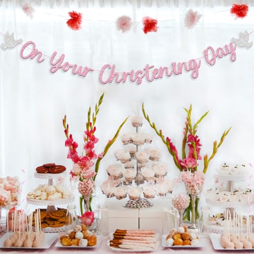 Pink Christening Banner Decorations for Girls Glittering on Your Christening Day DIY Baptism (Pink) Pink