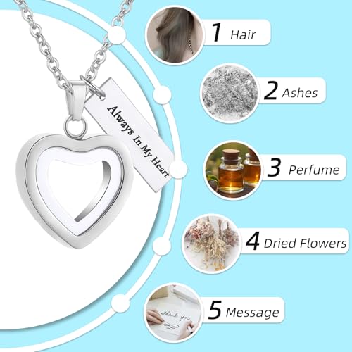 Glass Heart Cremation Urn Necklace for Ashes Stainless Steel Memorial Ash Pendant Keepsake Jewelry Cremation Jewelry for Women Silver-Always In My Heart