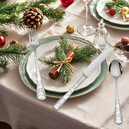 Vilihkc 20-Piece Christmas Style Silverware Set,Stainless Steel Flatware Set, Kitchen Utensil Set Service for 4,Tableware Cutlery Set for Home and Restaurant,Dishwasher Safe Silver
