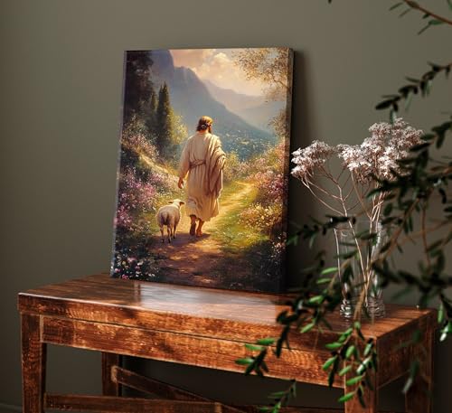 ZWTJPLN Jesus & Lamb on Path Canvas Wall Art - Christian Religious Decor (12x16/16x24 Inches) for Home, Church & Prayer Spaces Canvas Sheep 24"L x 16"W
