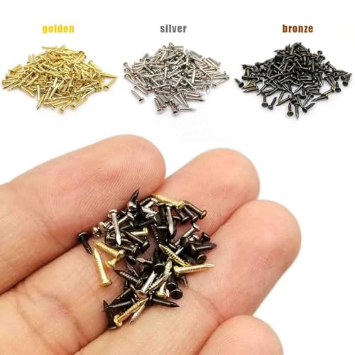 BLUELEC tiny wooden nails for DIY crafts and antique repairs, miniature decorative hardware in gold, silver, and bronze