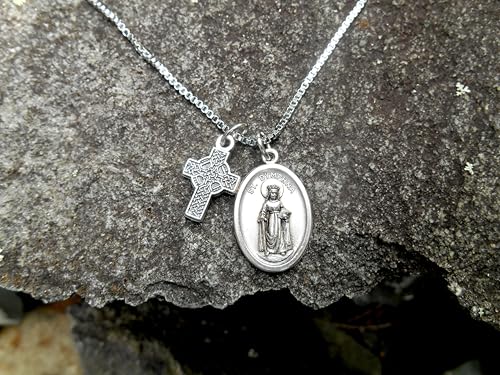 Saint Dymphna Necklace, Irish Saint Dymphna, Patron of Anxiety & Depression, Nervous and Mental Afflictions, 20" Stainless Steel Box Chain