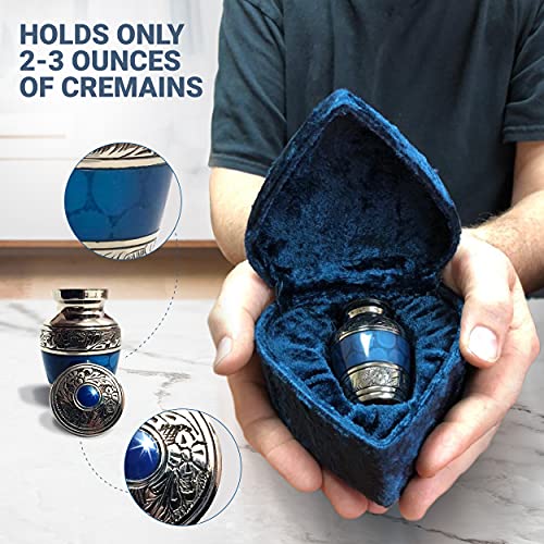Small Keepsake Cremation Urns for Human Ashes with Velvet Heart Case and Funnel - Beautiful Peaceful Dark Blue Brass Hand Engraved Mini Memorial Urn Blue Small Keesake Urn