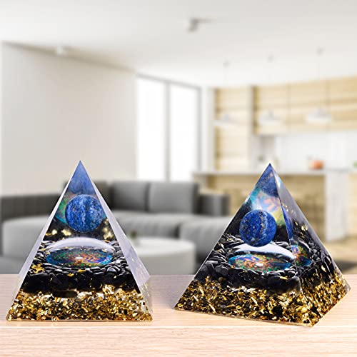mookaitedecor Lapis Lazuli Crystal Sphere Orgone Pyramid with Obsidian Tumbled Stones and Tree of Life Symbol Ornament for Protection Meditation Home Decor Blue-1
