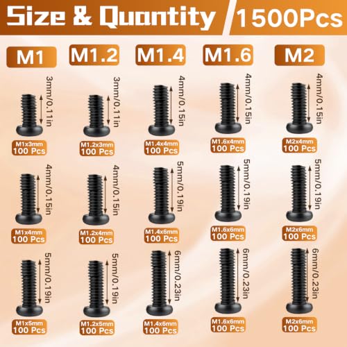 VAPKER tiny black oxide metric machine screws assortment with Phillips round pan heads for laptop, eyeglass, and watch repair