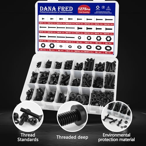DANA FRED 1275-piece black nylon Phillips pan head screw, nut and washer assortment kit M2-M6