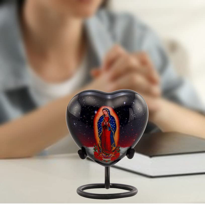 Our Lady of Guadalupe Heart Keepsake Urn, Urn and Ash Storage Religious Token Urn for Ashes, Spiritual Sharing Urn, Handcrafted Memorial Heart Urn with Velvet Case & Bag (Heart Keepsake)