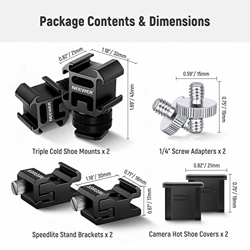 NEEWER 8 PCs Hot Shoe Mount Adapter Kit, Including Triple Cold Shoe Mounts, 1/4” Screw, Flash Stand Bracket, and Hotshoe Cover for DSLR Camera, LED Light, Microphone, Lighting Stands, Monitor ST47(8-Pack)