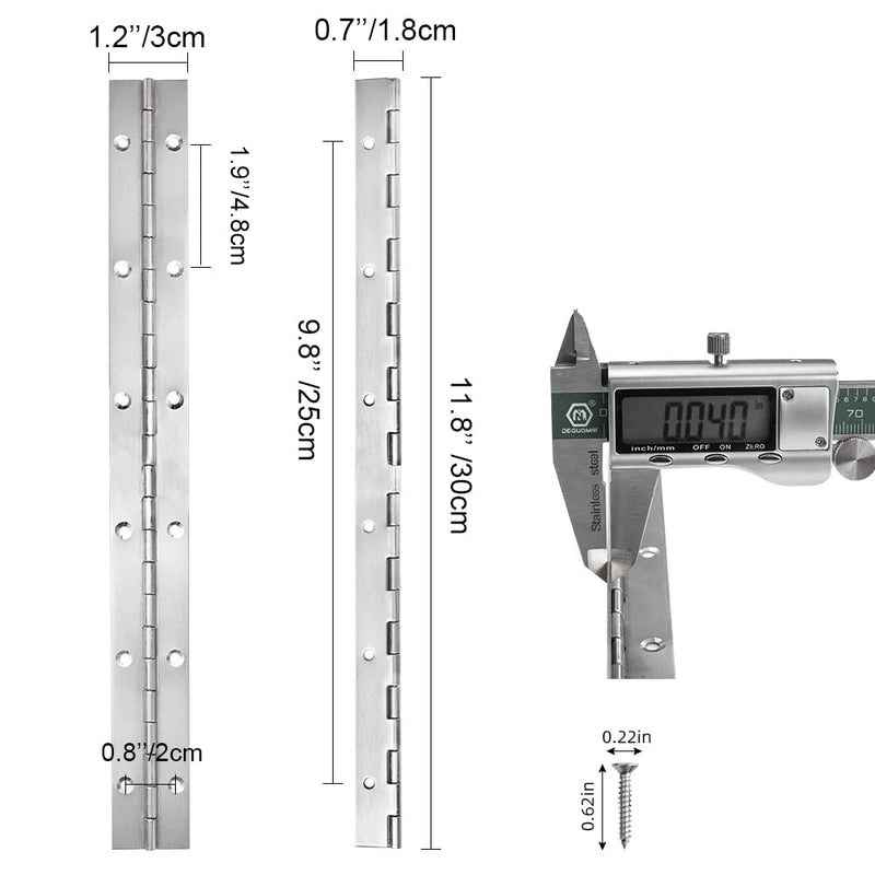 6 Pack 12 Inch Piano Hinge, Heavy Duty Continuous Hinge with Holes for Cabinets Boat Marine Door, 304 Stainless Steel 0.04" Leaf Thickness 1.2'' Open Width Sliver