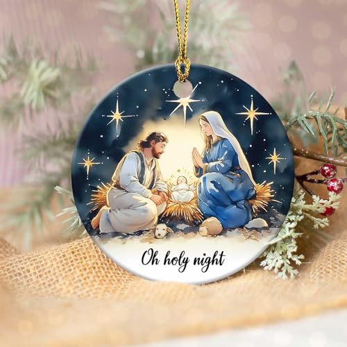 Oh Holy Night Ornaments Round Ceramic Birth of Jesus Mary Joseph Christ Ornament Christmas Keepsake Decor for Christmas Tree Winter Holiday Xmas Gift for Women Men Xmas Hanging Ornament 3" Nativity Night #H056