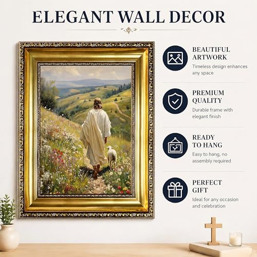 Jesus and Lamb Framed Canvas Wall Art Good Shepherd Lost Sheep12x16in Jesus Sheep Framed 16"L x 12"W