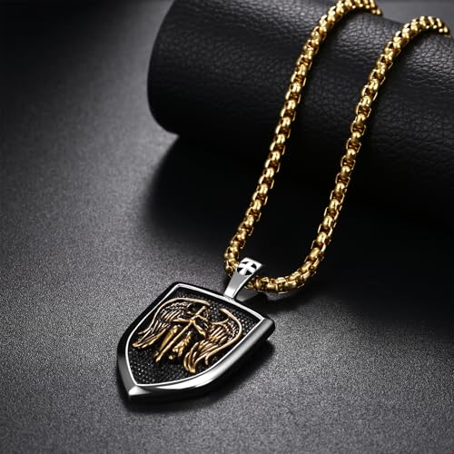 St Michael Necklace for Men, Stainless Steel Silver Gold - Archangel Amulet