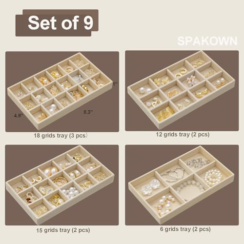 SPAKOWN Jewelry Organizer for Drawer Velvet Jewelry Tray - Set of 9 Beige