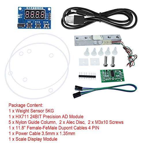 HX711 Weight Sensor Module Kit Digital Load Cells Weight Sensor A/D Module 5kg Portable Electronic Kitchen Scale for Arduino with 3.5mm x 1.35mm Power Cable, Scale Display Module