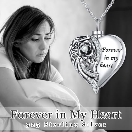 925 Sterling Silver Rose Angel Wing Urn Necklace for Ashes for Women