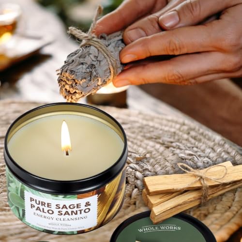 Premium Candle for Energy Cleansing – Natural Soy Wax Blend, Cotton Wick, Phthalate Free Scent, Scented Candles for Home Smudging, House Spiritual Protection, 6oz (Pure Sage & Palo Santo)
