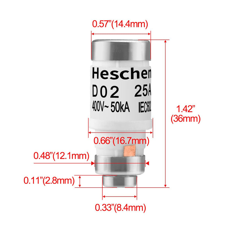[Australia - AusPower] - Heschen Ceramic Neozed Fuse Inserts, D0 Type Fuse Insert, D02, 25A 400VAC, gL/gG Type, Pack of 10 