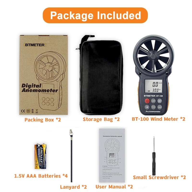 BTMETER BT-100 Handheld Anemometer Digital Wind Speed Meter Gauge for HVAC Tester Air Flow Velocity, Wind Chill, 14℉-113℉ Wind Temperature