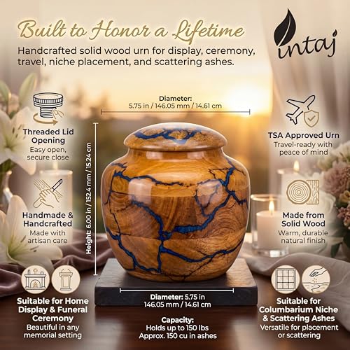 Wooden Cremation Urn for Human Ashes, 150 Cu in, Medium, Tall Vase Tall Vase - Blue Resin Medium (150 Cu In, to 150 lb)