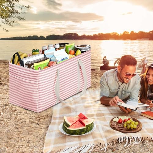 LHZK Standing Extra Large Utility Tote Bag with Metal Wire Frame and the Sides Rinforced, Extra Large Tote Bag with Handle, Reusable Grocery Bags Foldable, Beach Bag, Car Tote (Pink, 26''x15''x13'') Pink 26''x15''x13''-1 Pack