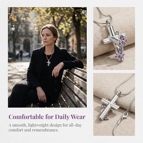 Cross Urn Necklaces for Ashes Butterfly Cremation Pendant Necklace for Women Memorial Ash Holder Jewelry Elegant Cross Ash Pendant for Remembrance