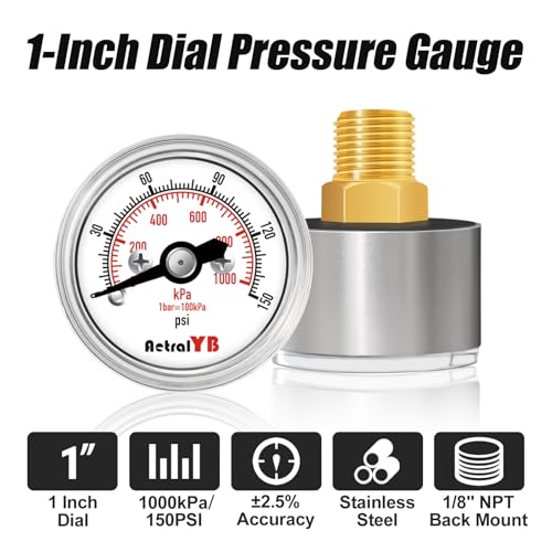 AetralYB 1-inch mini pressure gauge, 0-150 PSI, stainless steel case with 1/8 NPT back mount and black dial