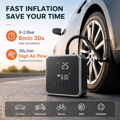 KinZon Portable Wireless Air Compressor - Car Tyre Inflator 150PSI Dual Power 12V + Battery, Auto Shut-Off Digital Display LED Lamp for Car, Motorcycle, Bike, Emergency
