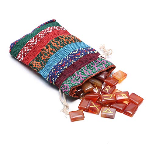 Rune Stone Set Engraved Elder Futhark Alphabet Chakra Reiki Healing Natural Red Agate Runes Stones Crystal Divination 1 Flax Cloth Bag
