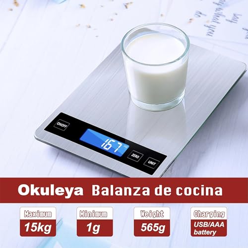 Kitchen Scales, 33lb/15kg Digital Kitchen Cooking Scales with LCD Display +Stainless Steel+Tempered Glass, Accuracy up to 1g - g/kg/lb:oz/ml/fl'oz -USB or Battery Operated