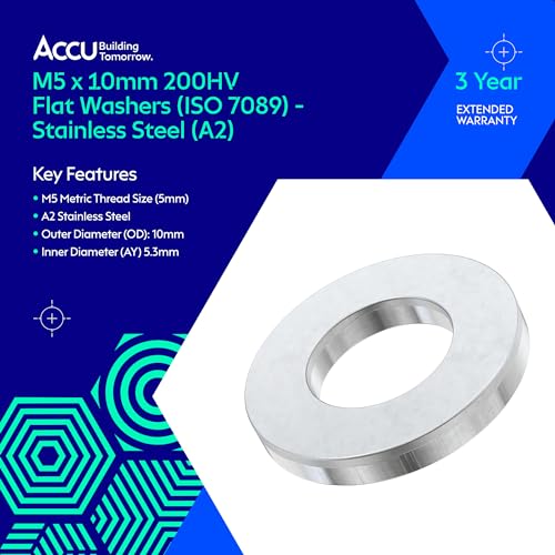 Accu M5 x 10mm 200HV stainless steel flat washers, ISO 7089, pack of 200