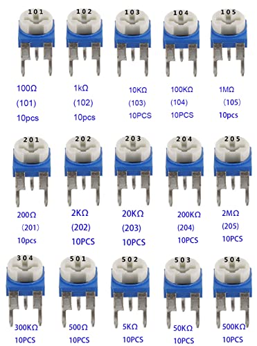 RUNCCI-YUN 15 Values 150 Pieces 100 Ohm - 2M Ohm Rotary Potentiometer Variable Resistance Trimpot Potentiometer 6 mm 3 Terminals Multiturn Trimmer Potentiometer Classification Kit