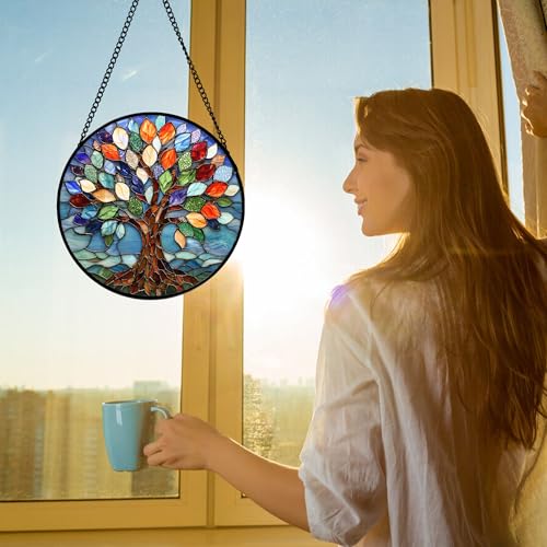Colorful Tree of Life Stained Glass Window Hanging Suncatcher Gifts 6.3" Colorful 6.3x6.3 IN